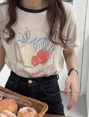 쥬씨바켓 반팔 티셔츠  봄 여름 나염 프린팅 루즈핏 오버핏 라운드 래터링 래글런 기본 베이직 