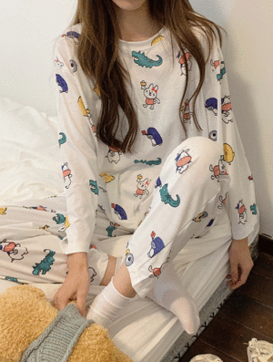 동물원 잠옷 세트 봄 루즈핏 나염 프린팅 바지티셔츠세트 